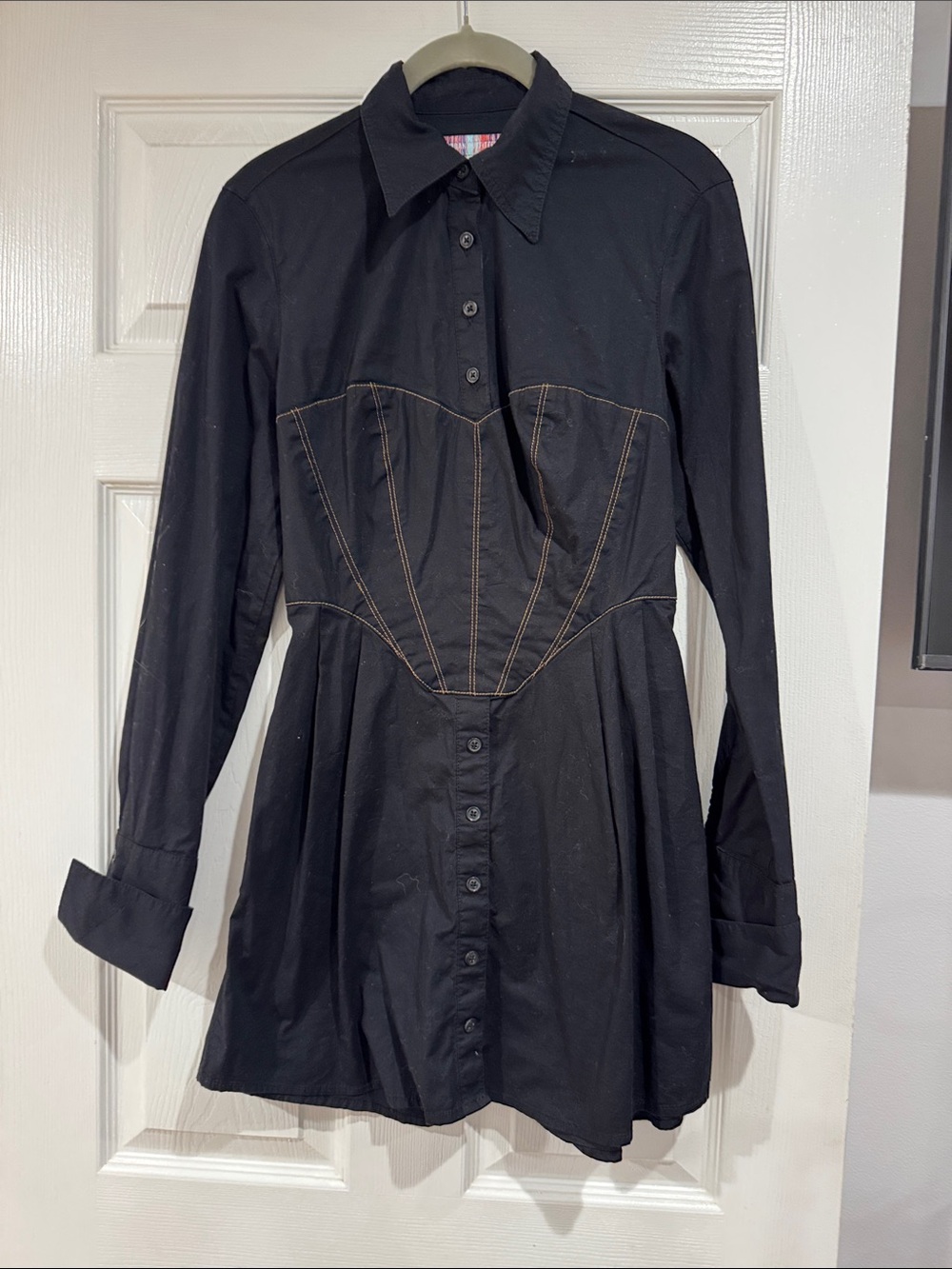 Urban Outfitters Black Long-Sleeve Button Dress with Contrast Corset Stitching s